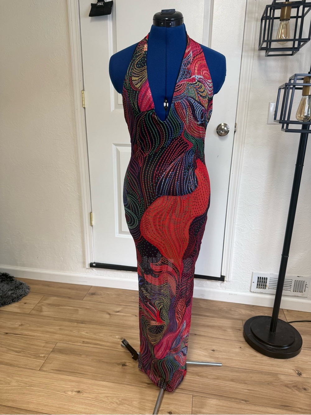 Halter Neck Maxi Dress in Multicolor Wave Print
